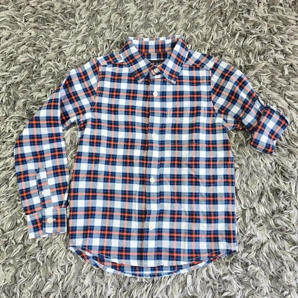 The Childrens Place Boys Blue Orange Plaid Button Down Shirt Size S 5/6 NWT